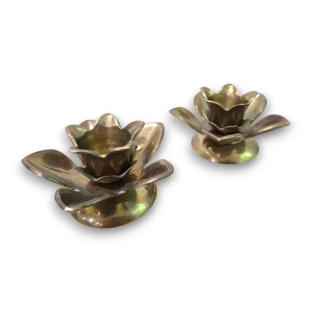 Vintage Solid Brass Flower Lotus Water Lily Candlestick Holders Set of 2